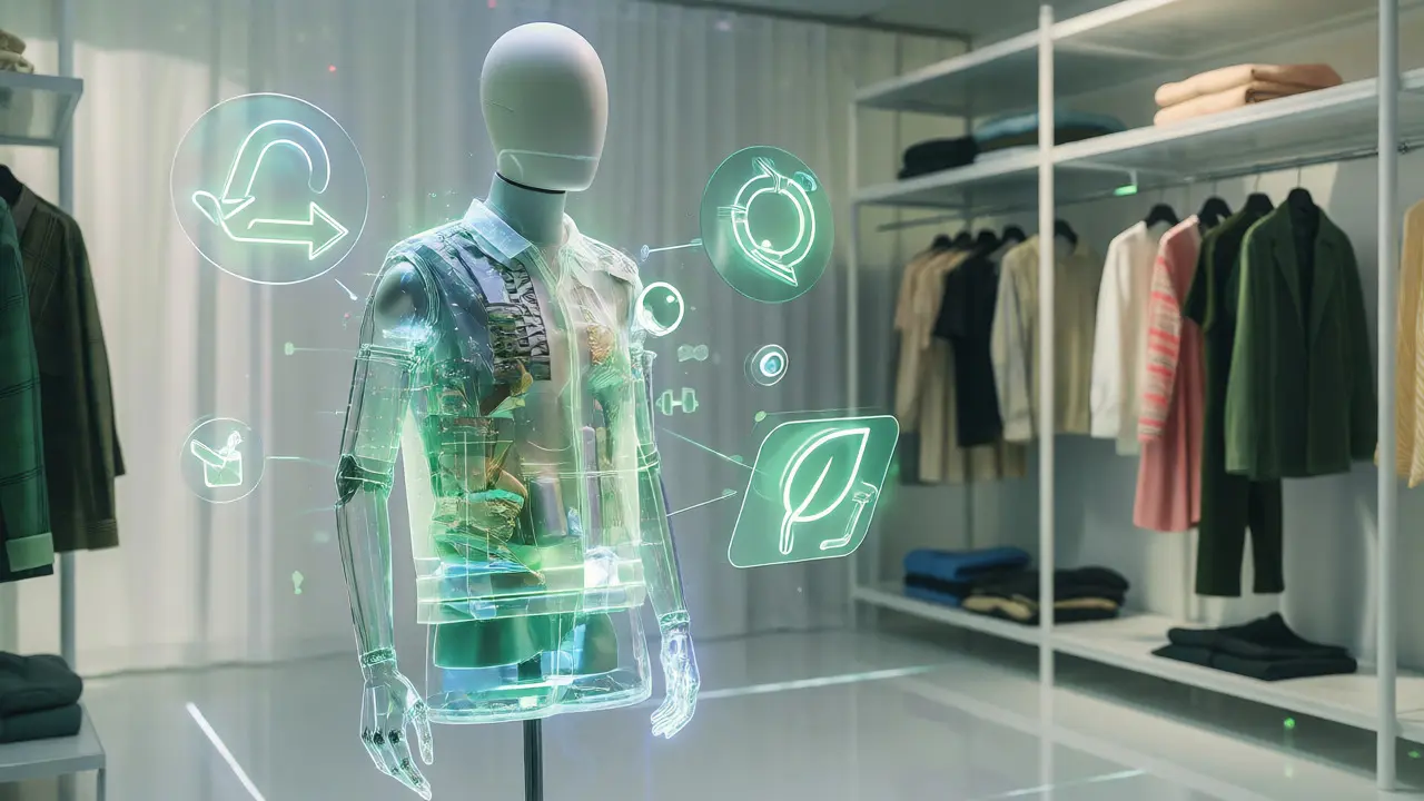 Holographic mannequin displaying sustainable digital fashion concepts