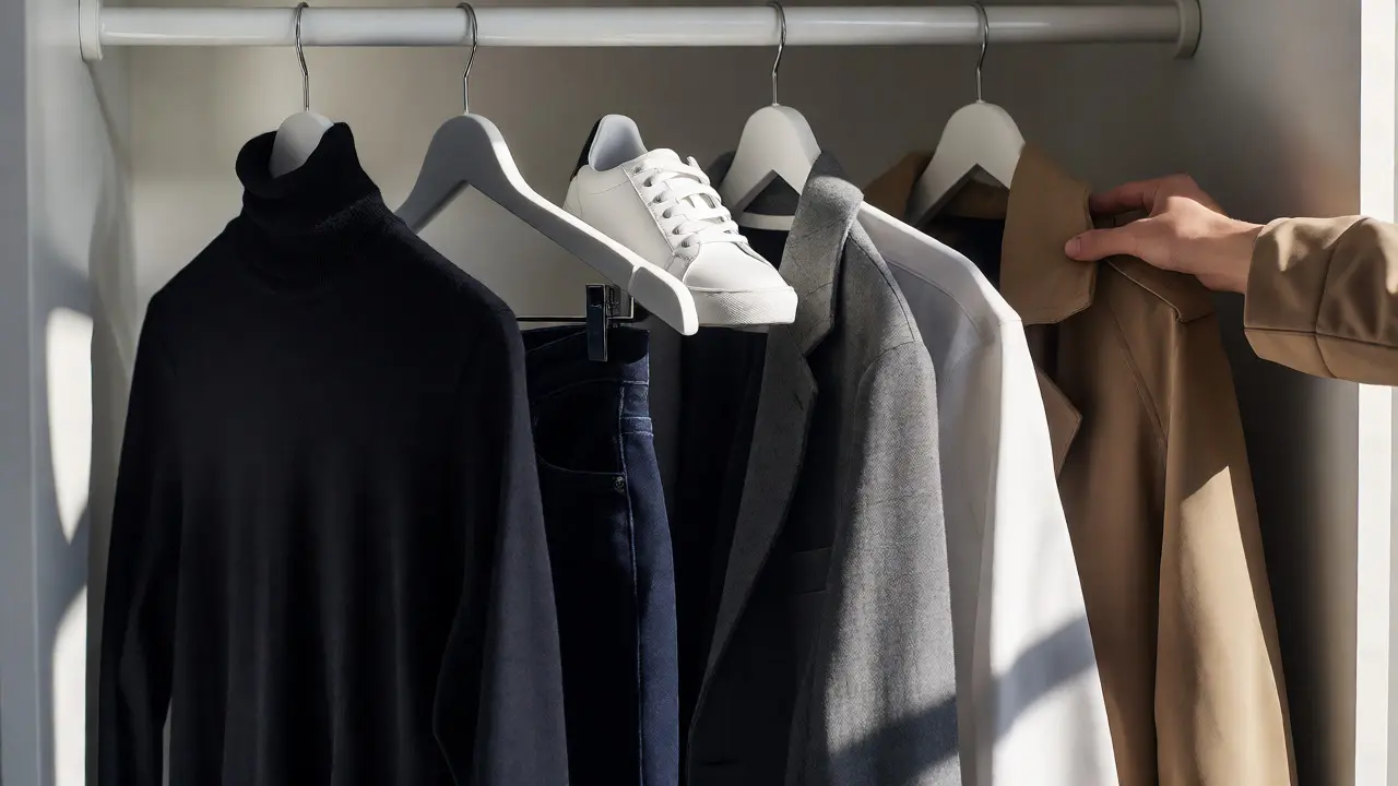 Minimalist neutral capsule wardrobe on a rack