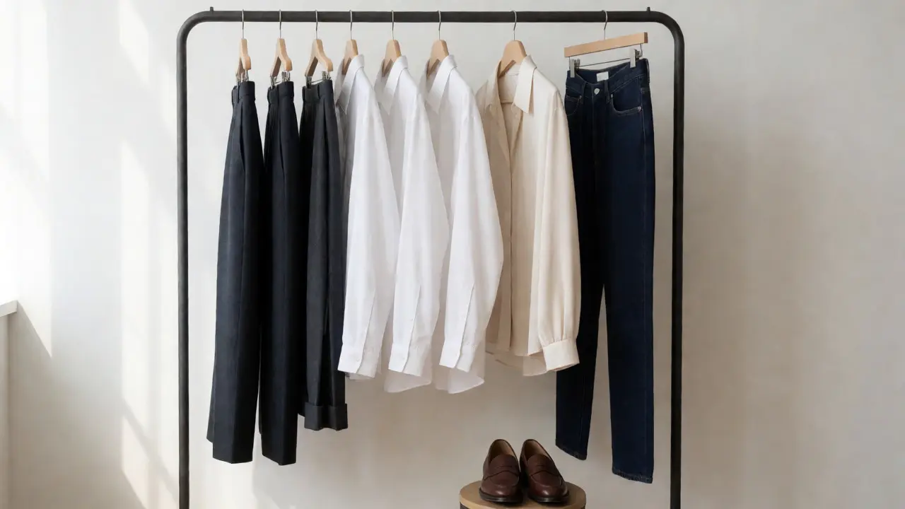 Minimalist open wardrobe rack displaying essential neutral-colored professional clothing items.