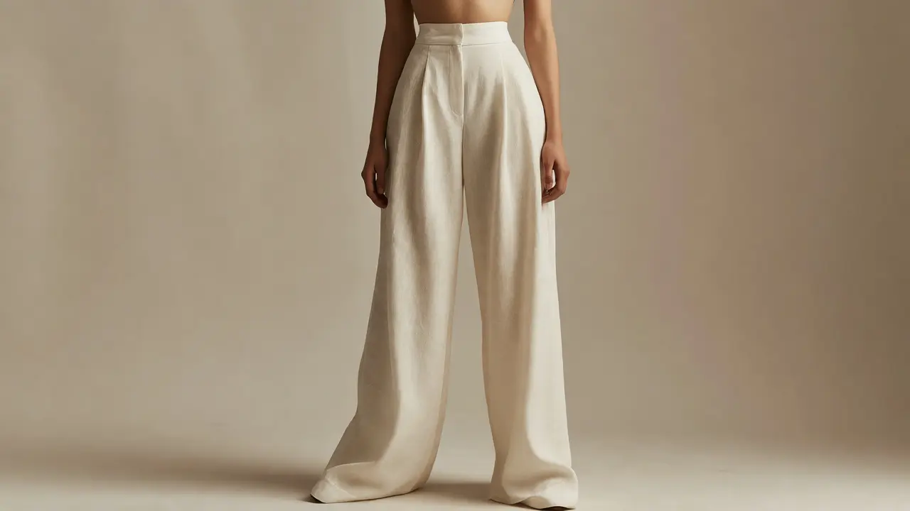 Model wearing modern high-rise linen trousers in a studio setting