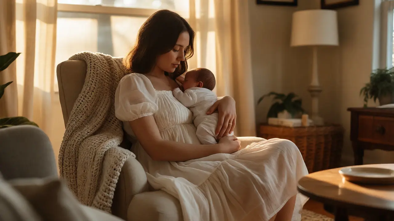 New mother in an empire-waist dress holding her baby in a sunlit room.