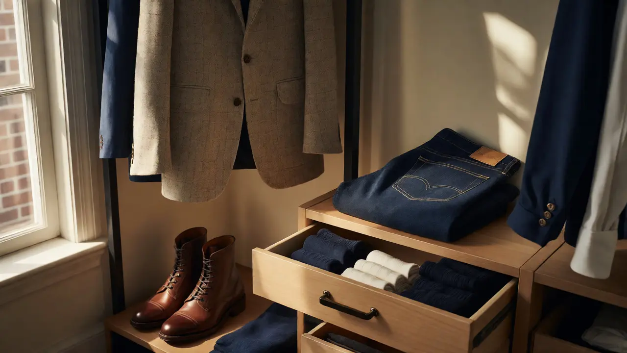 Organized closet displaying key quality items: a blazer, leather boots, denim jeans, and socks.