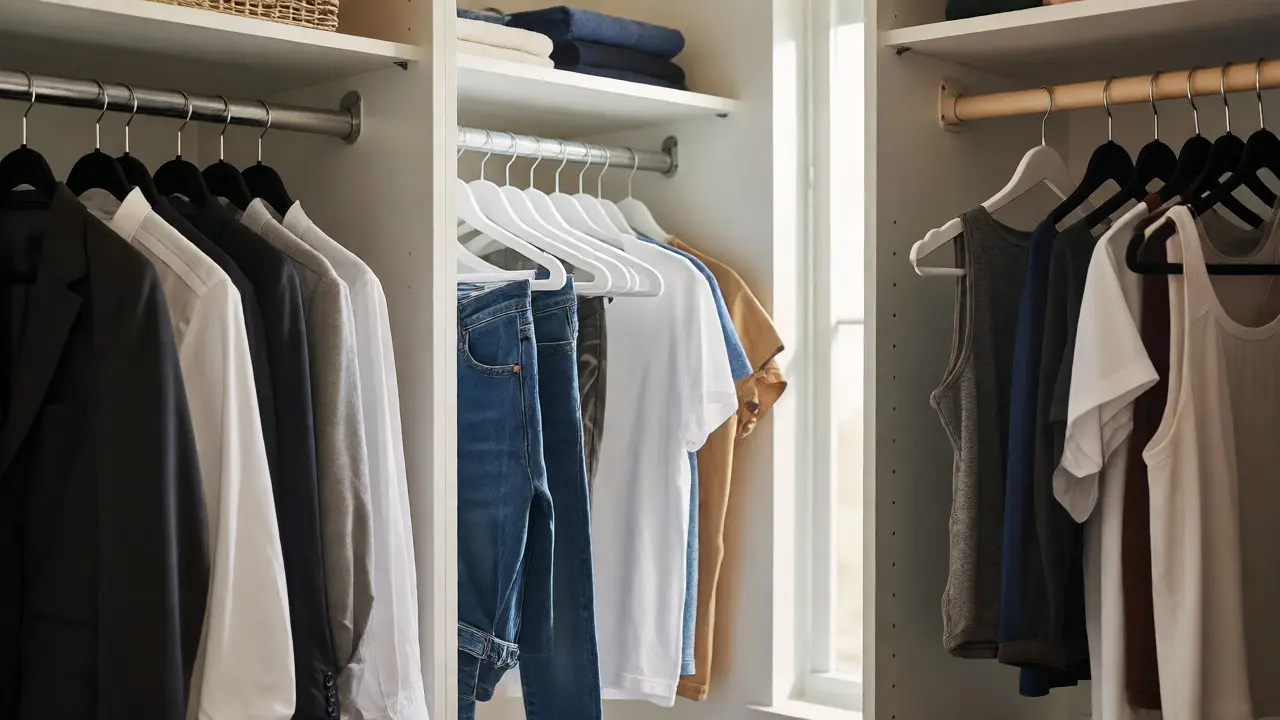 Organized closet with separate zones for work, casual, and gym wear