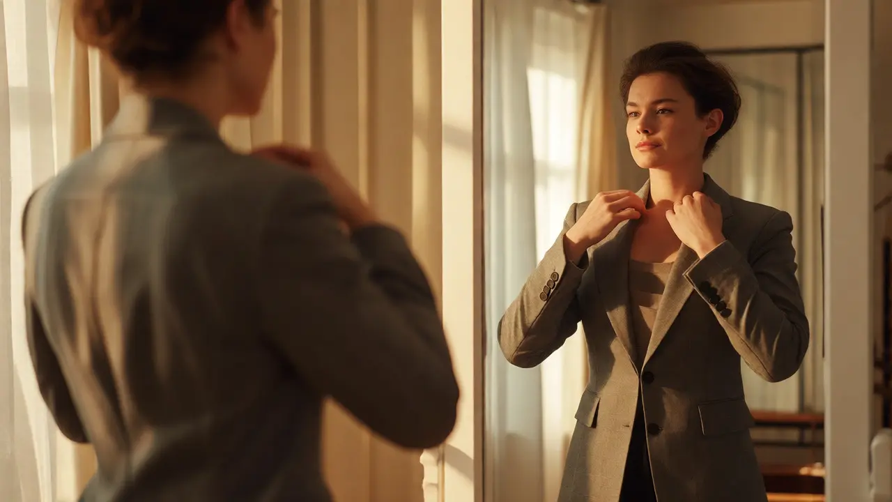 Person adjusting jacket shoulder seam in a mirror