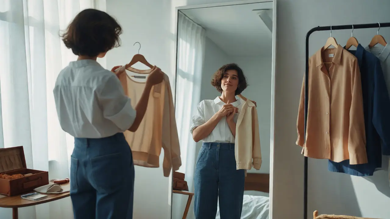 Person evaluating a garment in front of a mirror in a minimalist room with a curated wardrobe.