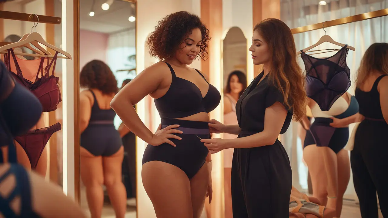 Professional fitter adjusting shapewear on a plus-size woman in a boutique