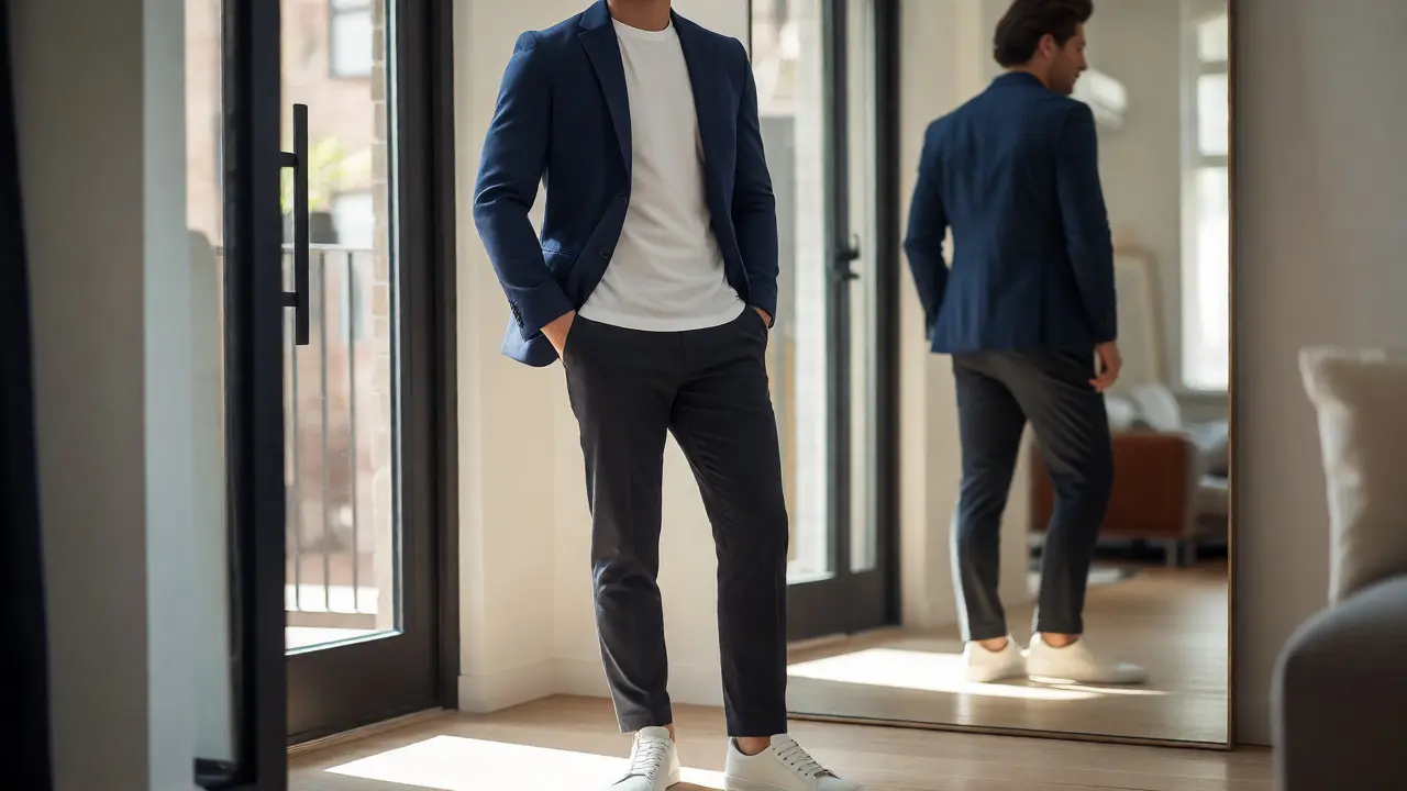 Professional wearing a blazer and tee outfit looking in a mirror.