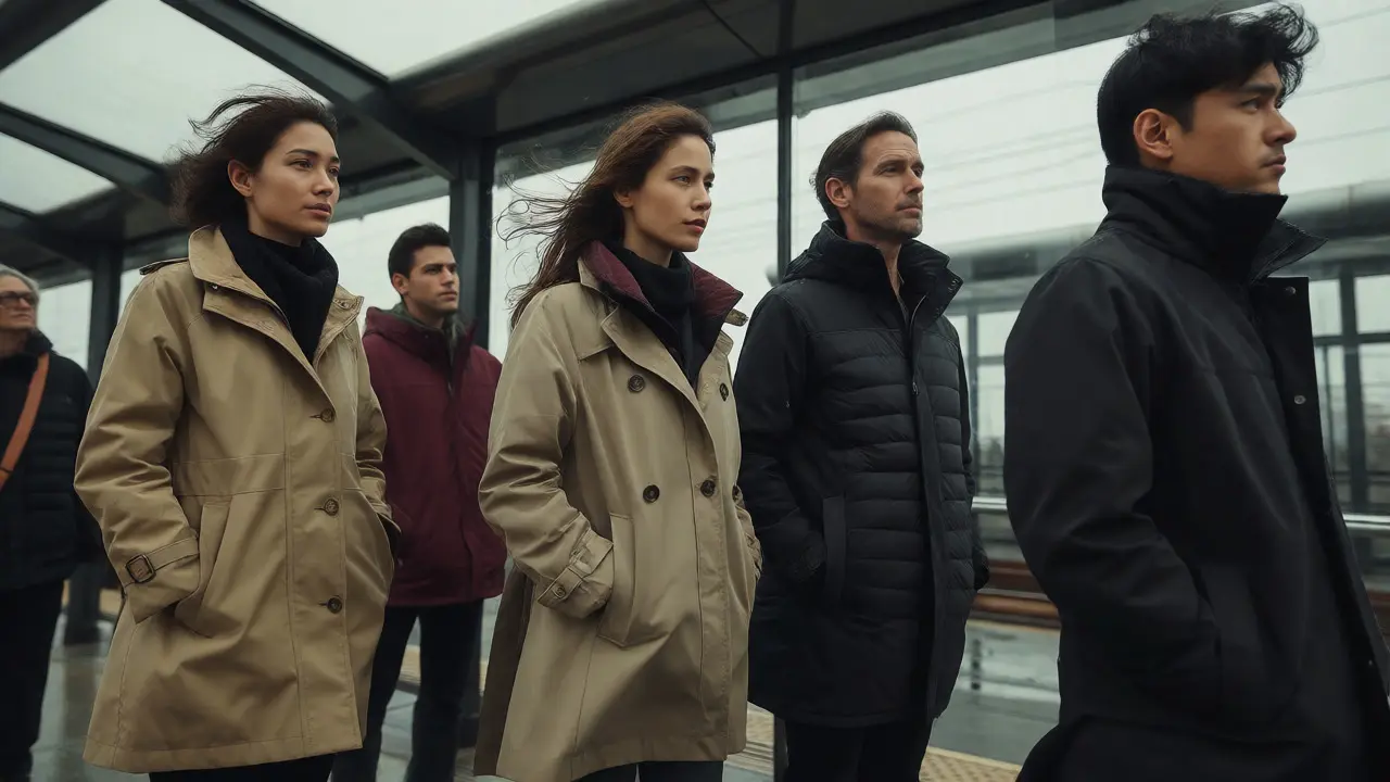 Professionals in stylish weatherproof outerwear waiting at transit stop