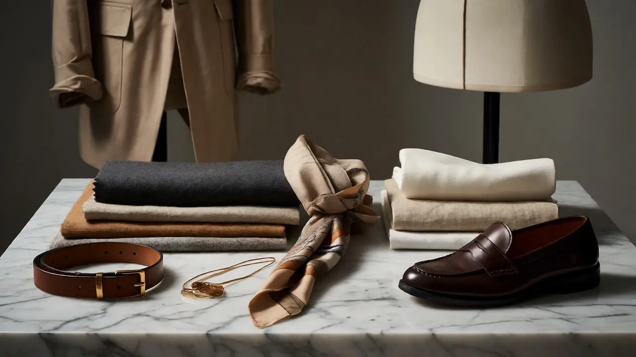Quality accessories and fabric swatches arranged on a marble surface.