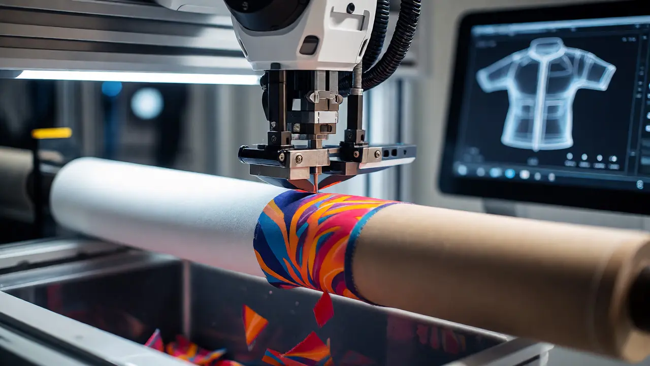 Robotic arm precisely cutting fabric for on-demand production with minimal waste in a modern facility.