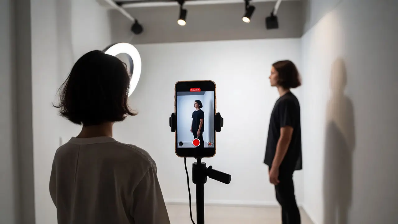 Smartphone on tripod photographing person in neutral pose