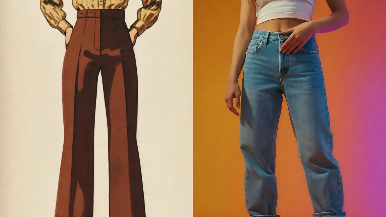 Split image comparing vintage high-rise and modern low-rise fashion trends