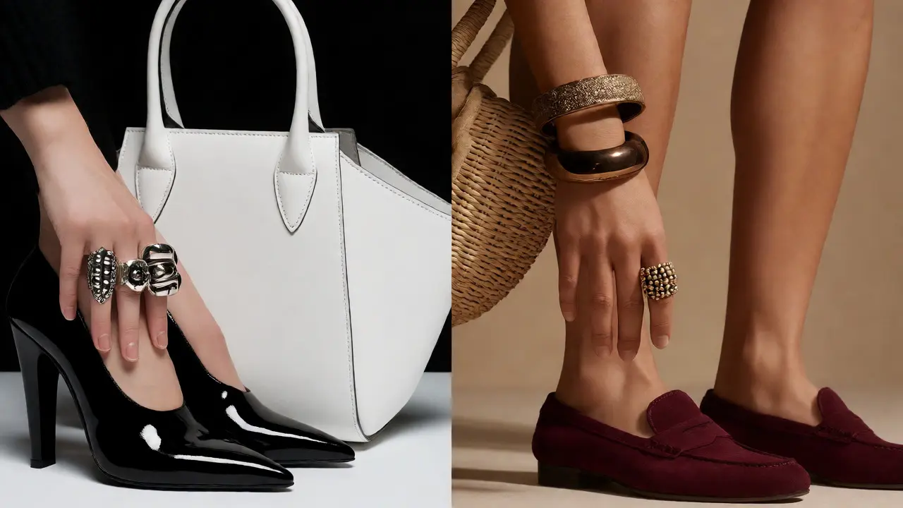 Split image comparing Winter silver accessories with Autumn bronze tones.