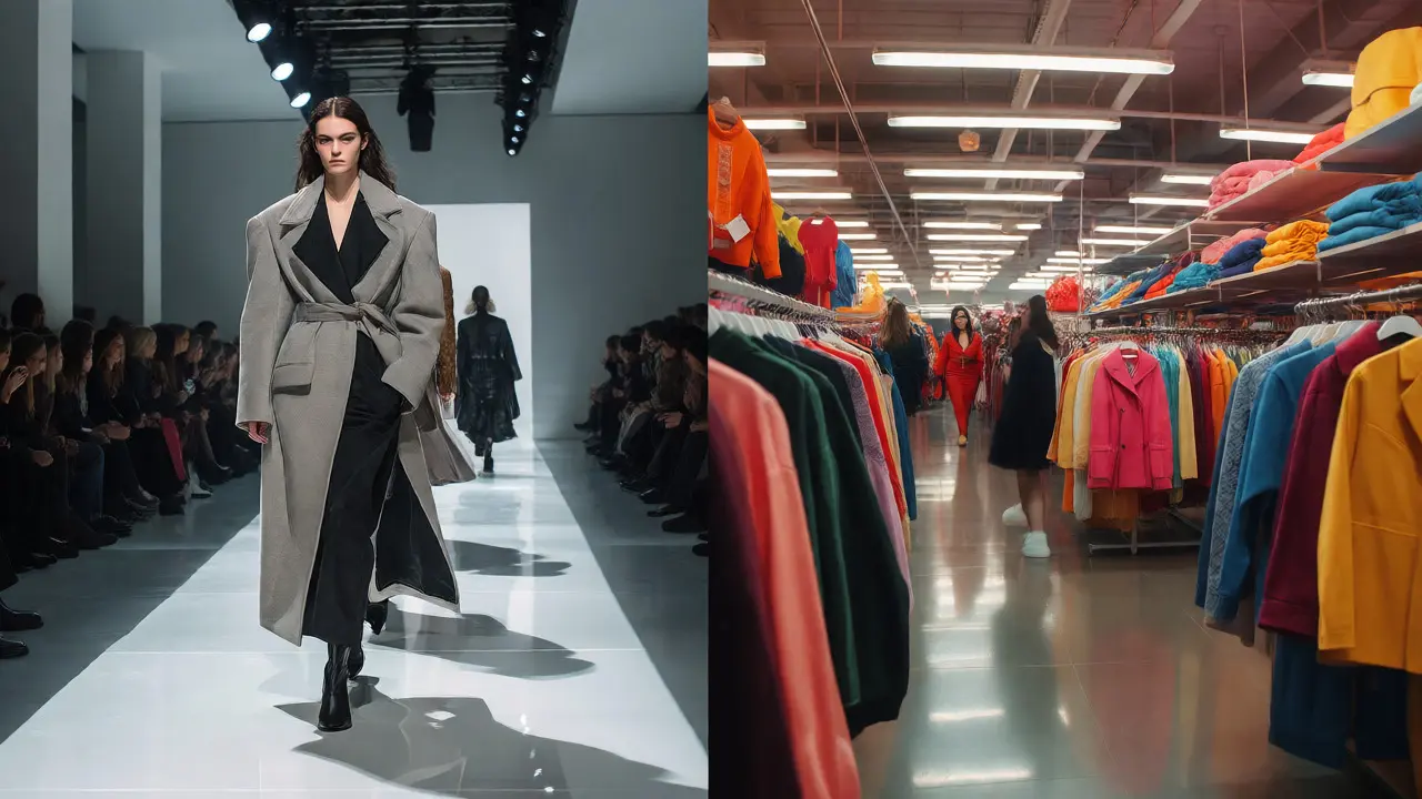 Split view comparing a luxury runway show with a busy fast-fashion store