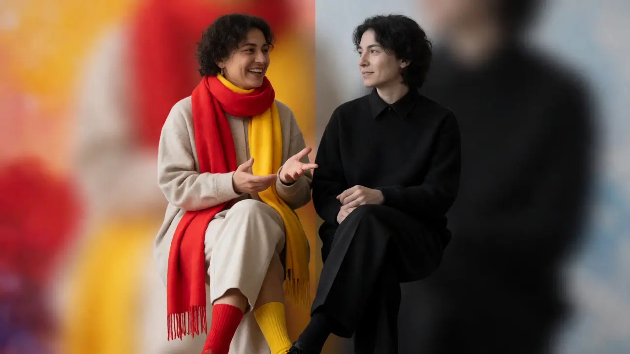 Split view comparing energetic red-yellow attire versus calm black clothing