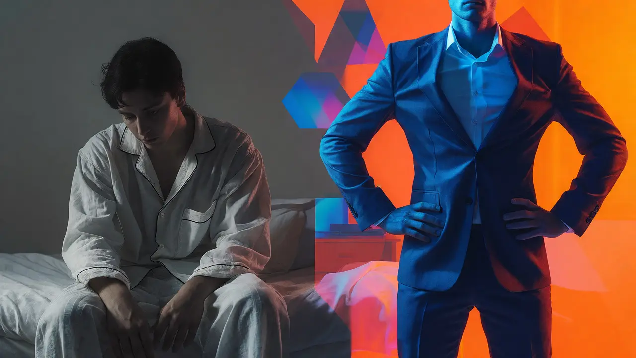 Split view of person in pajamas vs power pose suit