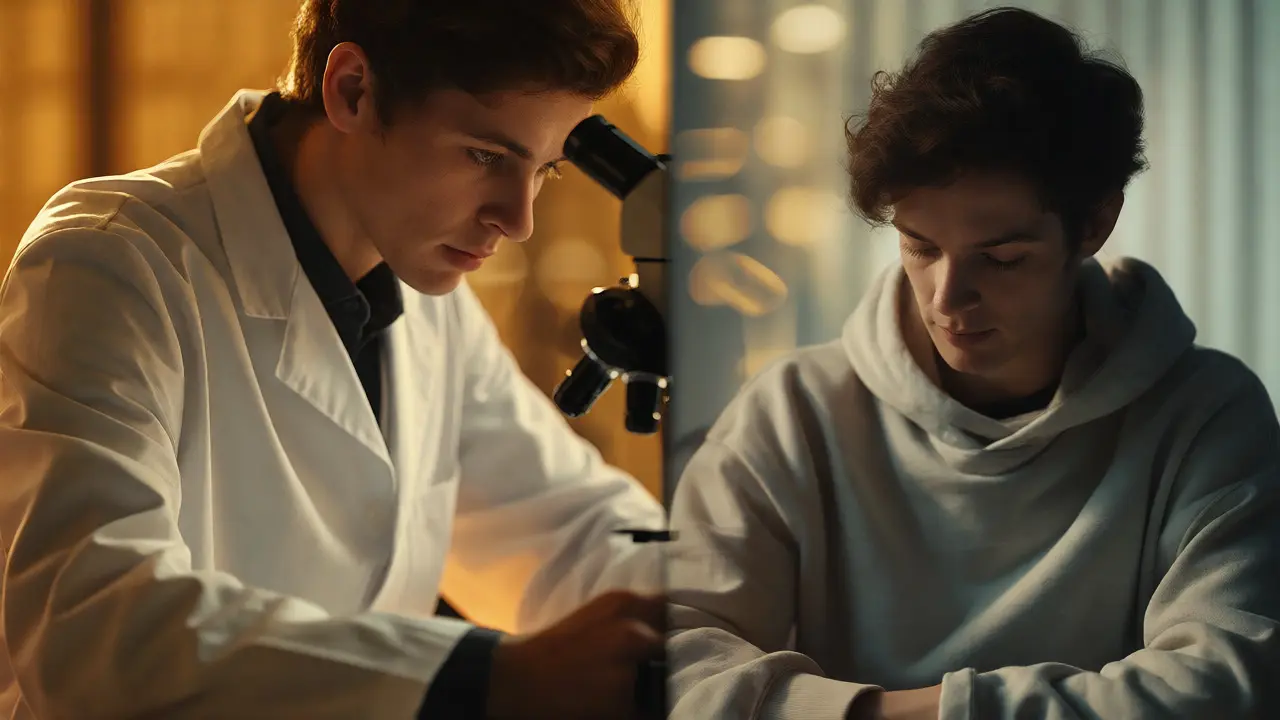 Split view showing a person in a lab coat appearing authoritative versus in casual wear looking relaxed.