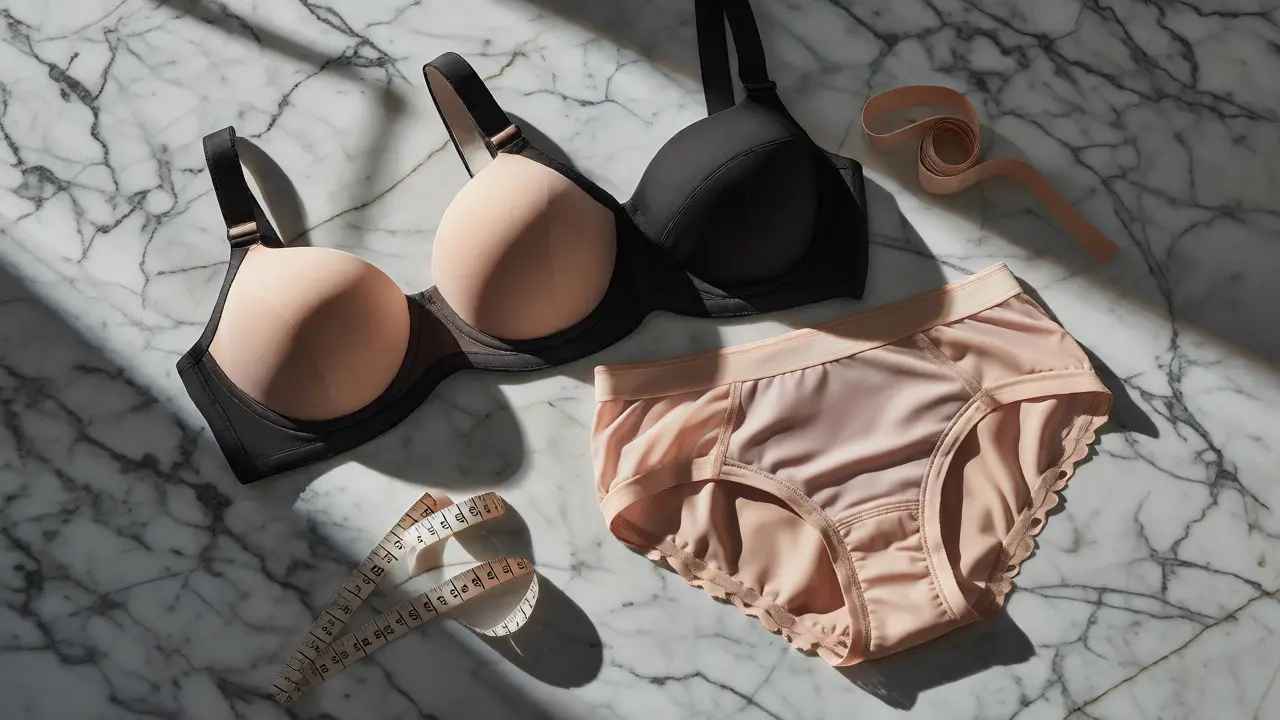 Still life of plus-size bras, briefs, and measuring tools on marble