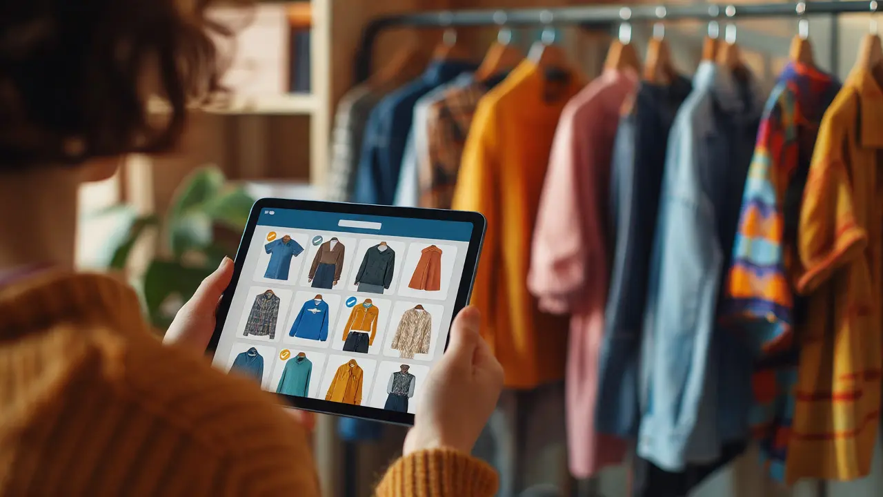 Tablet displaying grid of archived outfit photos near closet