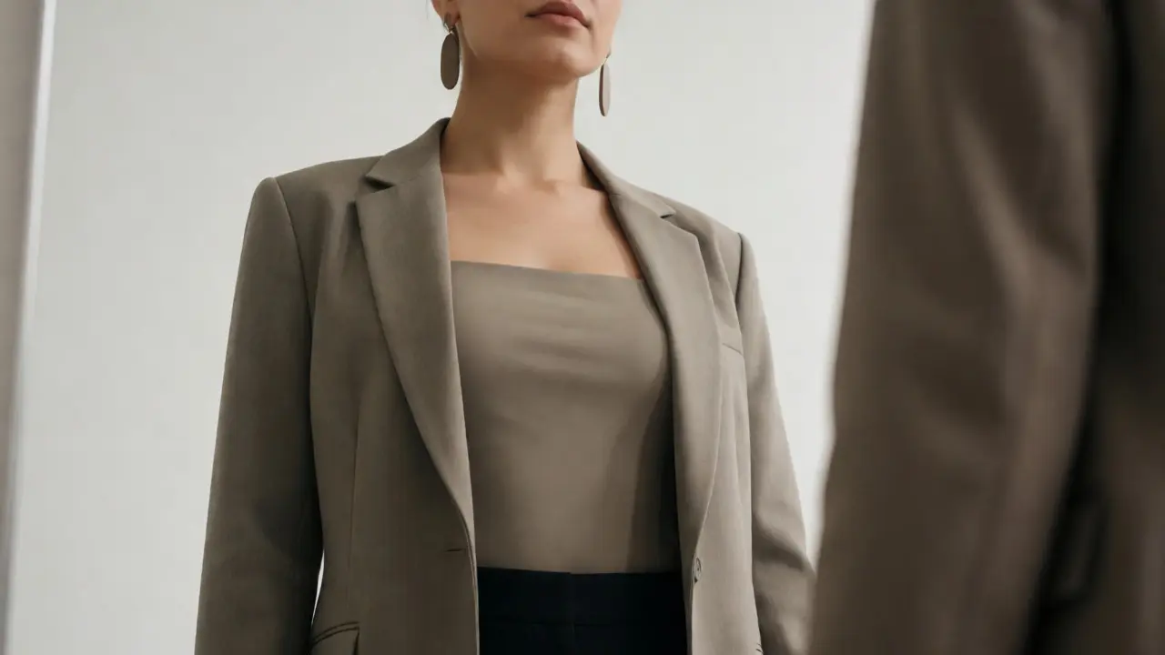 Woman in a blazer and square-neck top posing confidently in front of a mirror