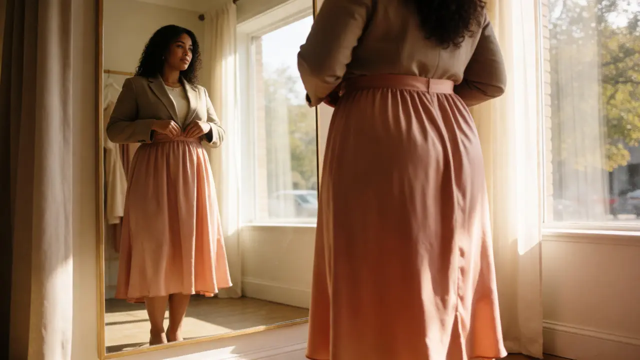 Woman in an empire-waist midi skirt checking her fit in a bright boutique fitting room mirror.