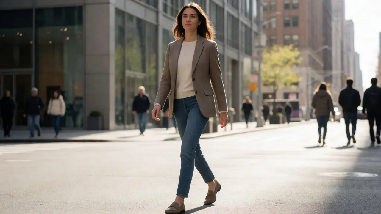 Woman in layered minimalist attire walking confidently through a city street.