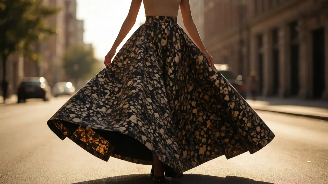 Woman with broad shoulders wearing a voluminous floor-length skirt walking down a city street.