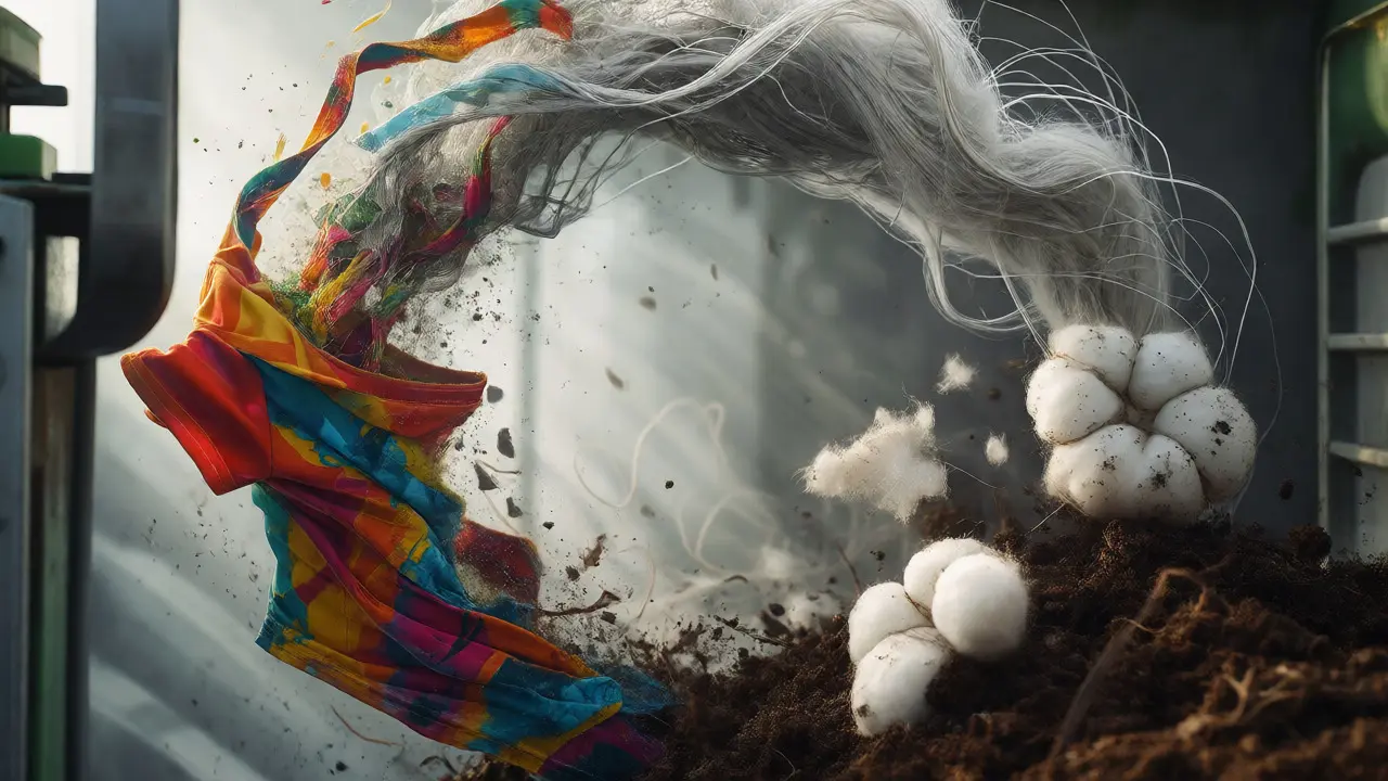 Artistic depiction of old clothes turning into fibers and compost in a circular loop.