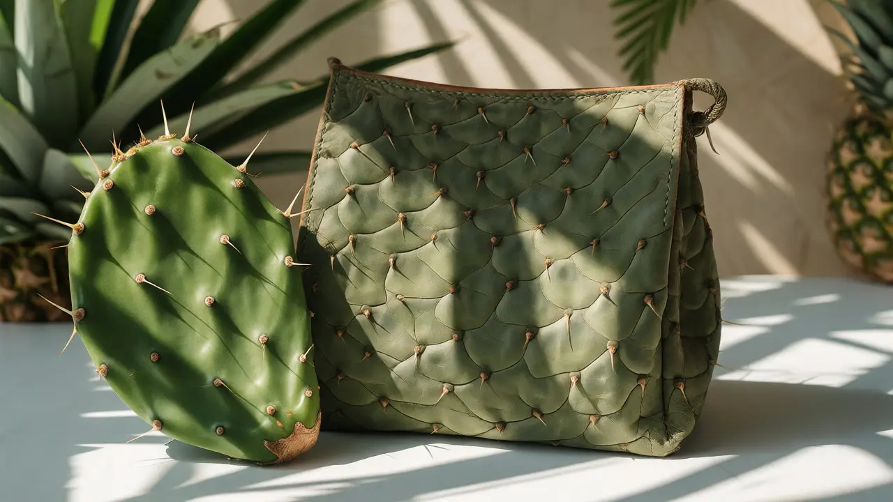 Cactus leather handbag displayed alongside a fresh nopal cactus pad
