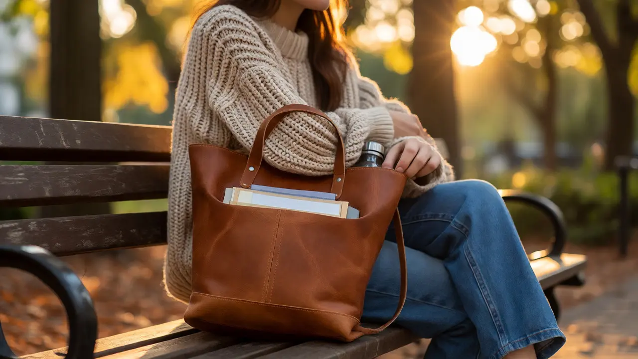 Casually dressed woman holding a large, soft leather tote bag in a park.