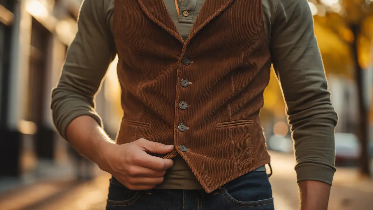 Close-up of a brown corduroy vest worn over an olive henley shirt