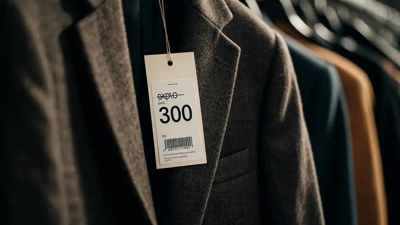 Close-up of a price tag on a designer blazer showing a significant markdown