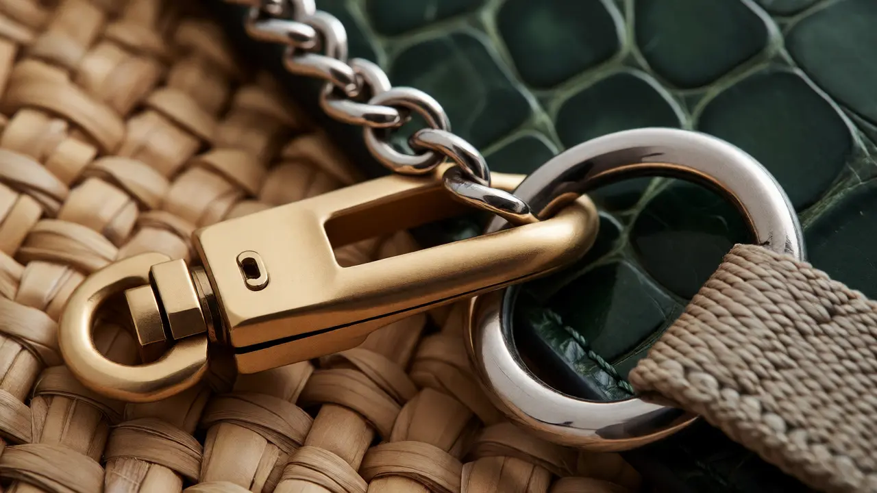 Close-up of mixed gold and silver hardware on textured leather