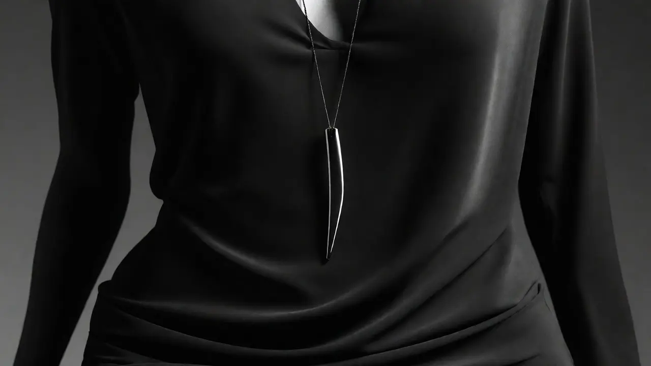 Close-up of monochromatic outfit with long pendant necklace