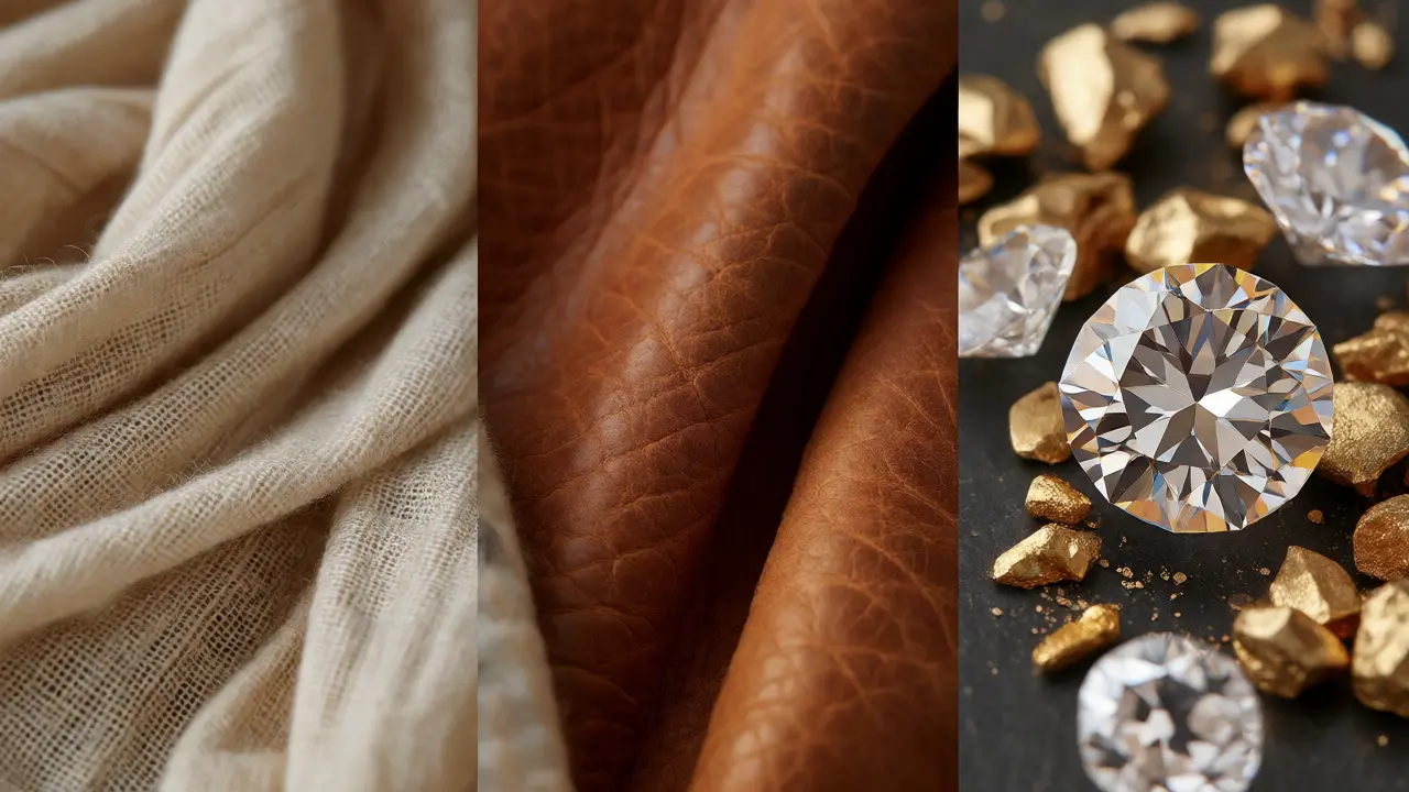 Close-up of organic cotton, leather, and lab-grown gems