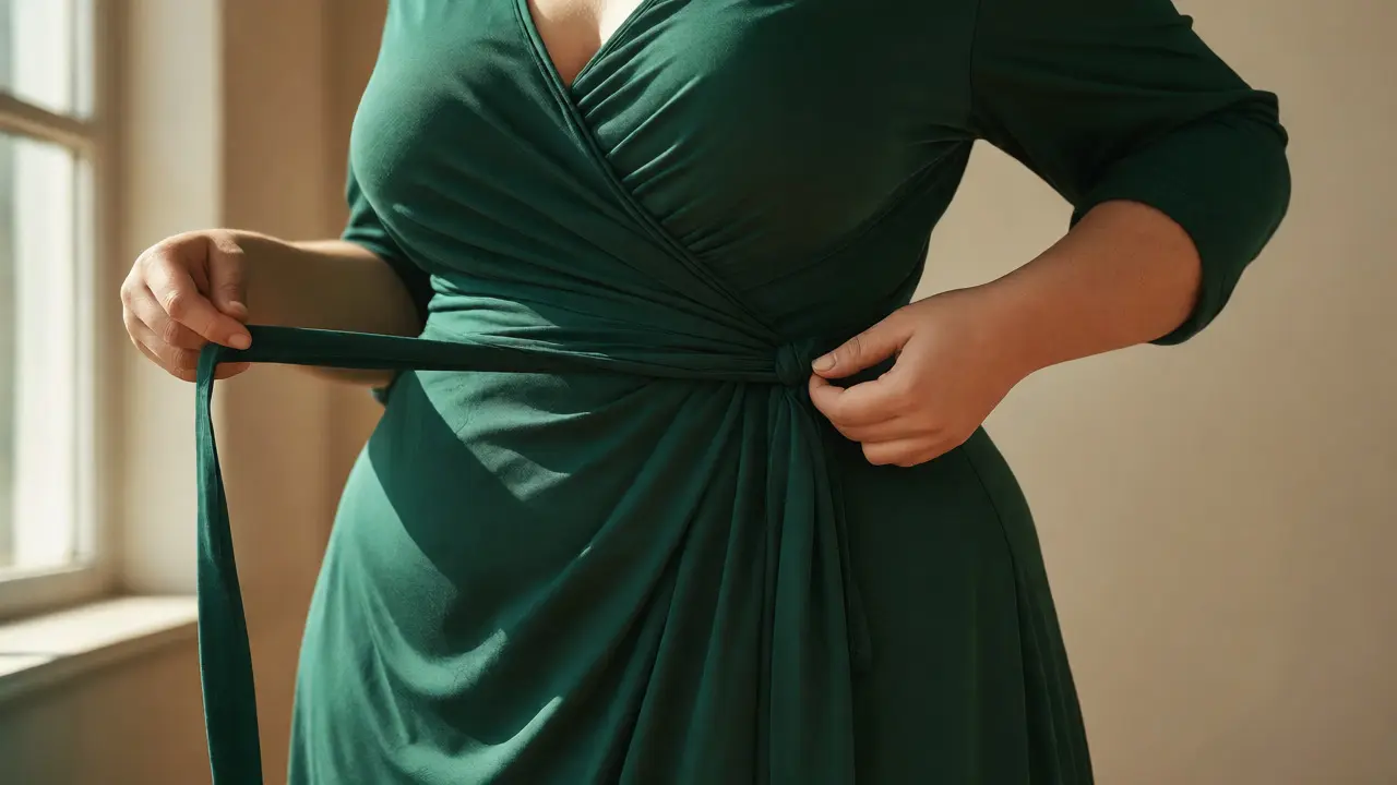 Close-up of plus-size hourglass figure tying waist sash on wrap dress