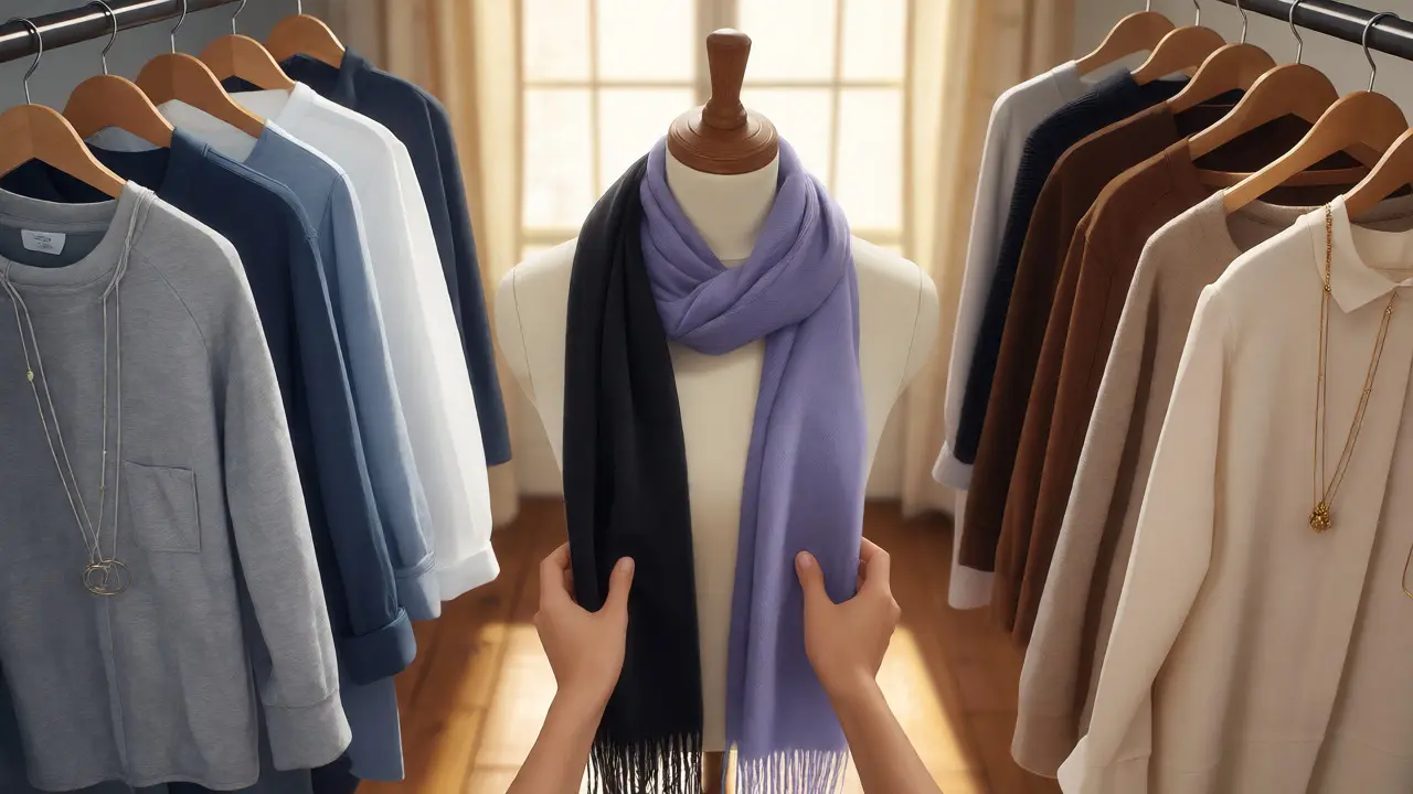 Clothing rack displaying cool and warm neutral outfits with hands swapping a scarf