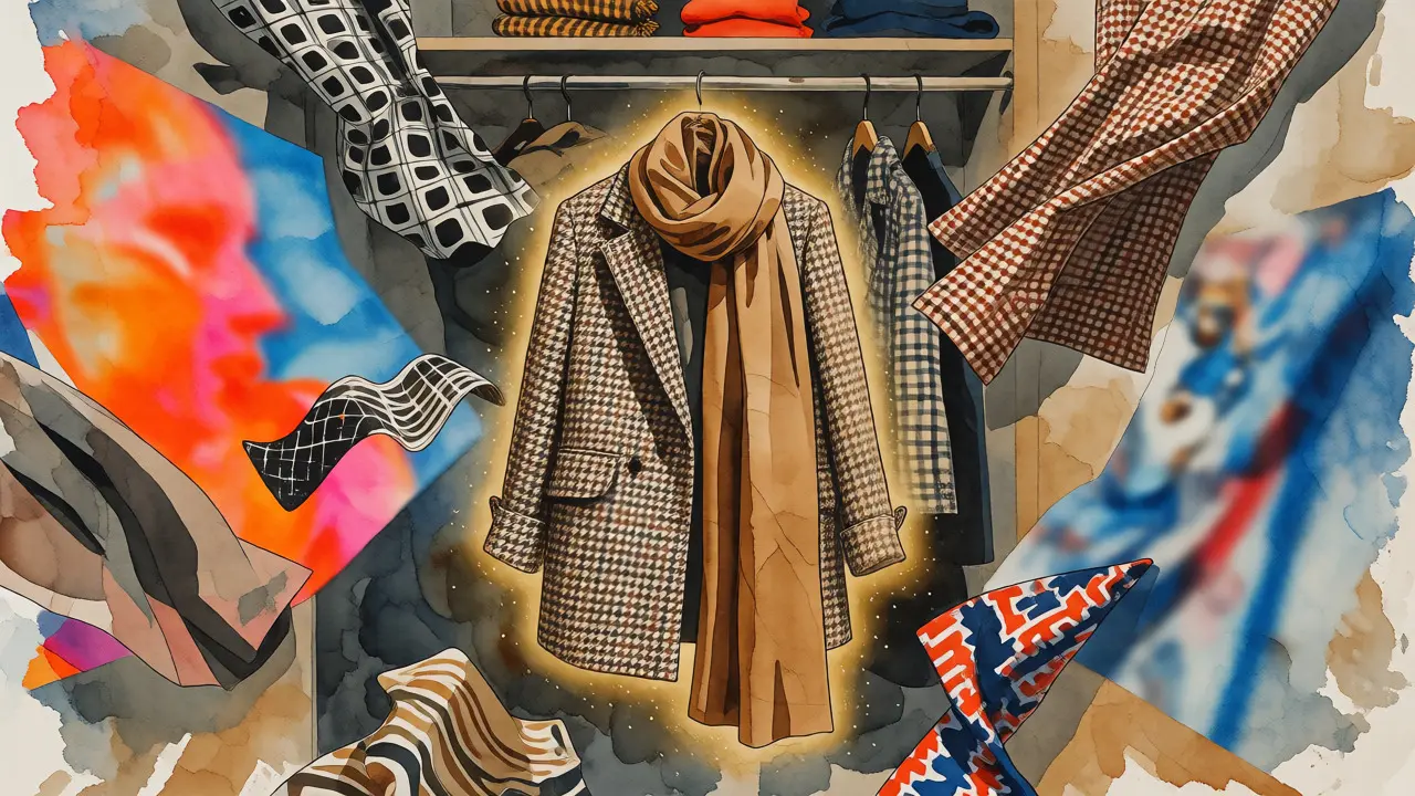Collage art showing harmonious houndstooth and solid scarf amidst clashing colorful fabrics