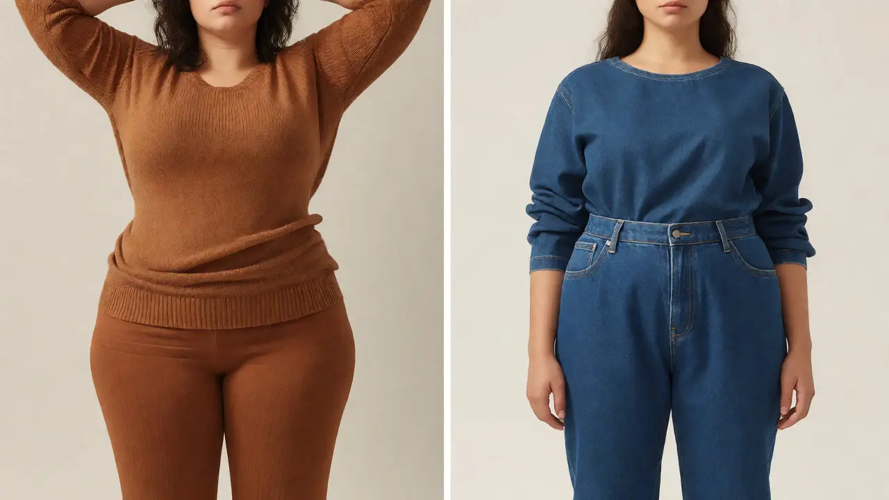 Comparison of knitwear and denim fabrics on different body types.