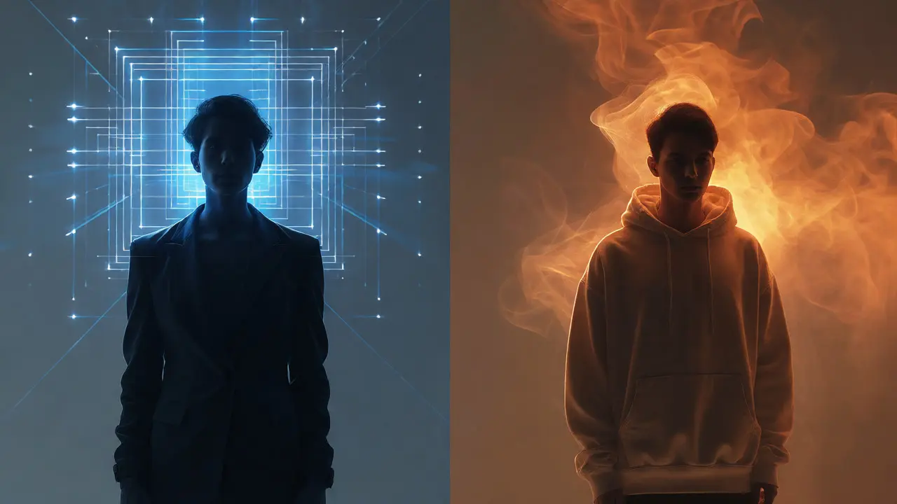 Conceptual art showing how blazers and hoodies affect mental states differently.