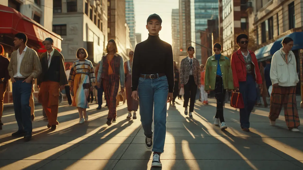 Confident person in a simple uniform walking past a crowd in chaotic attire.