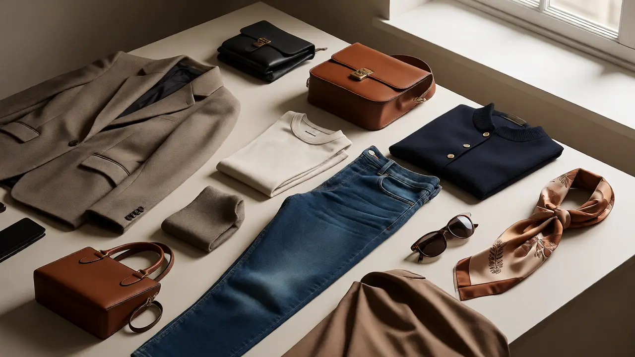 Curated capsule wardrobe essentials including blazer, jeans, and accessories