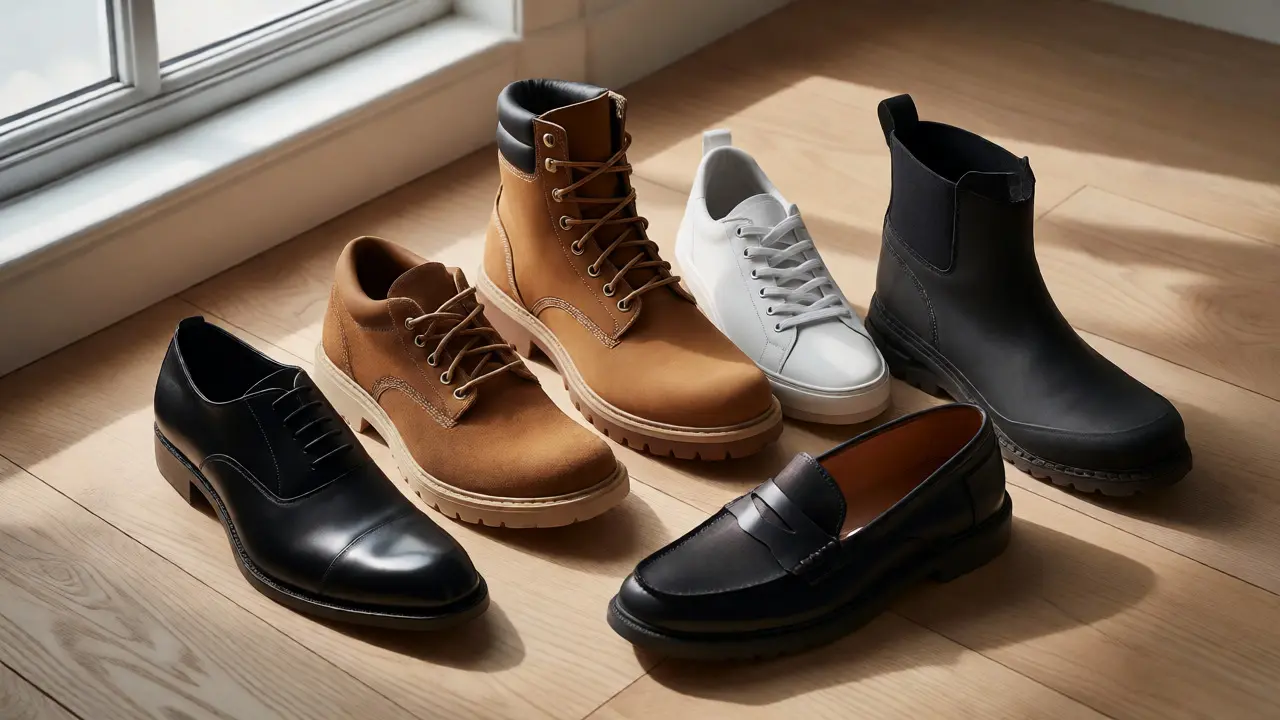 Curated capsule wardrobe of five high-quality shoes arranged on a wooden floor.