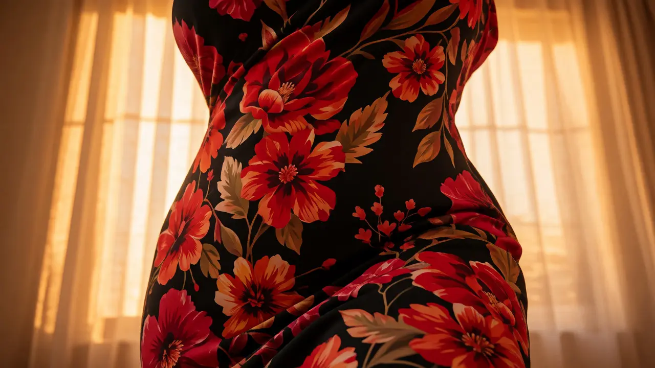 Curvy woman in fluid floral dress balancing volume
