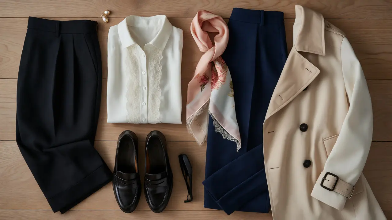 Flat-lay of a hybrid Classic Romantic capsule wardrobe with mixed textures.