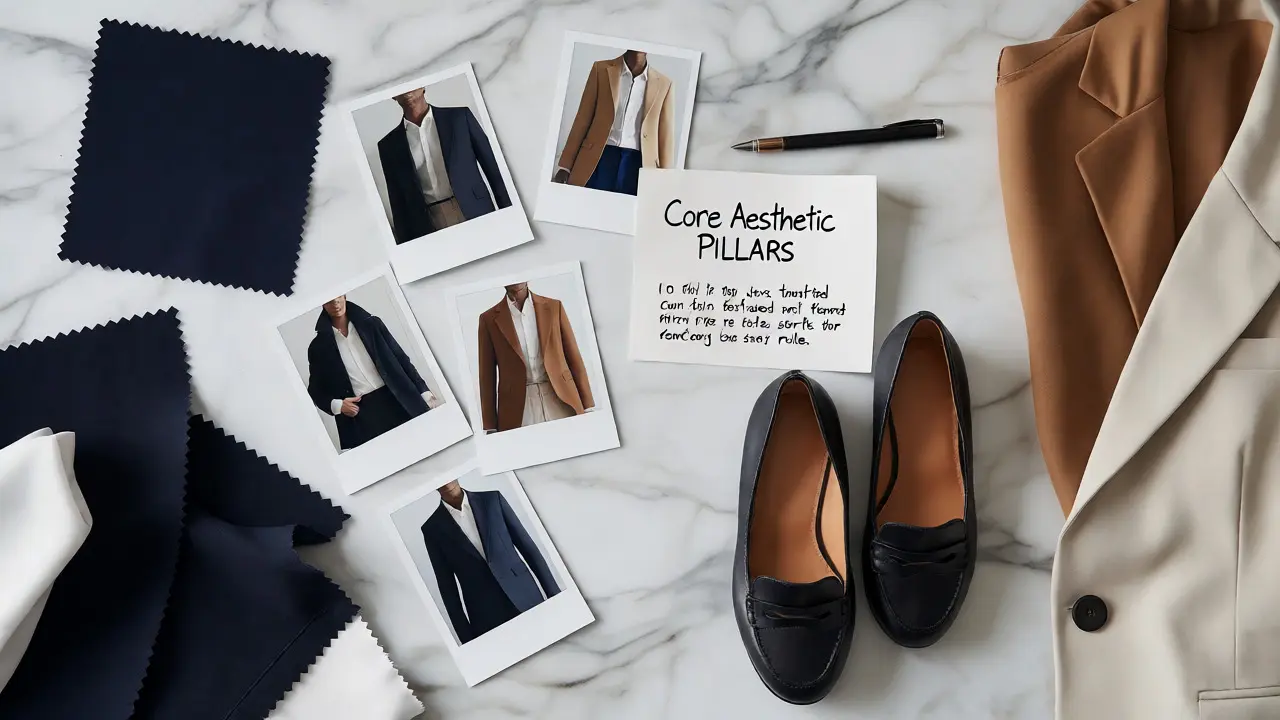 Flat lay of fabric swatches and outfit photos defining style pillars