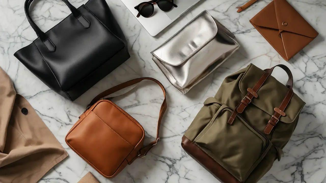 Flat lay of four neutral handbags: tote, crossbody, clutch, backpack