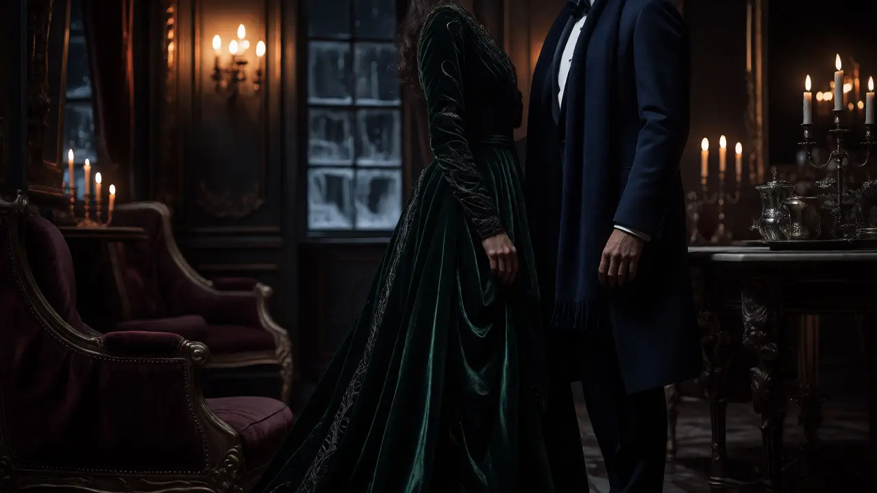 Formal winter wedding couple in velvet and tuxedo under chandeliers