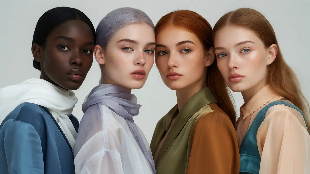 Four models in Winter, Summer, Autumn, and Spring color palettes showing flattering neutrals
