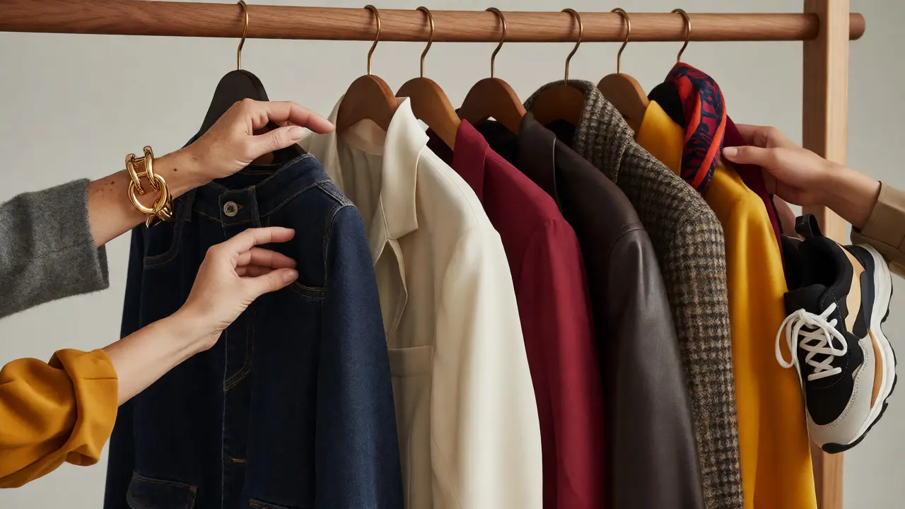 Hands arranging a stylish capsule wardrobe with mixed textures and bold accessories.